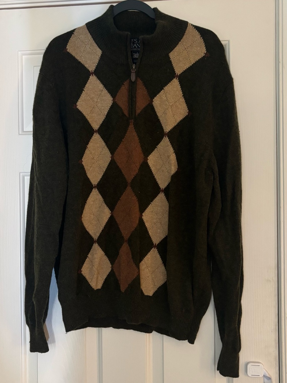 Jos. A. Bank Executive Argyle 1/4 Zip Mock Neck Sweater Size L Lambswool Green